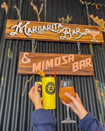 Rustic corrugated wall with wooden “Margarita Bar & Mimosa Bar” signs; two hands hold a bright yellow cocktail mug and a mimosa wine glass — brunch cocktails.