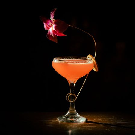 Vibrant pink craft cocktail in a coupe glass with a sugared rim, garnished with a dehydrated orange wheel and a purple orchid on a curved wire, spotlighted on a wooden bar against a dark background.