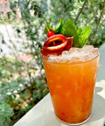 Bright orange summer cocktail with crushed ice in a tall glass, garnished with fresh mint, a cinnamon stick, sliced blood orange and cherry, photographed on a sunny outdoor patio