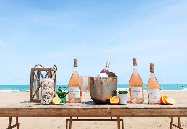 Sunny seaside table with four bottles of rosé, a chilled ice bucket with a bottle, a wine glass, halved oranges, a seashell-filled lantern and small succulents against a turquoise ocean and clear blue sky.