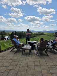 People enjoying wine on a stone terrace at a vineyard, seated in Adirondack chairs around a small table with glasses, overlooking rows of grapevines and rolling green hills under a bright blue sky with fluffy clouds.
