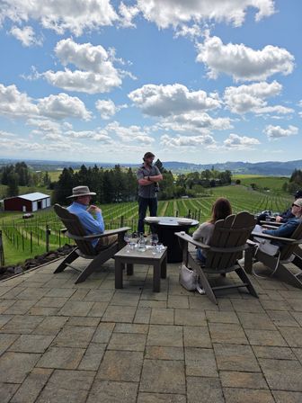 People enjoying wine on a stone terrace at a vineyard, seated in Adirondack chairs around a small table with glasses, overlooking rows of grapevines and rolling green hills under a bright blue sky with fluffy clouds.