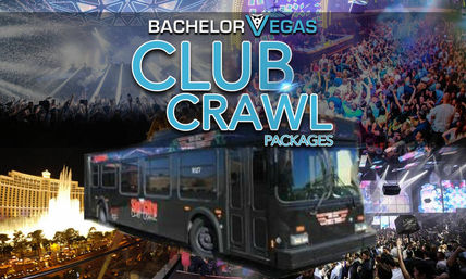 Las Vegas club crawl poster featuring packed nightclub crowds, a party bus, and the Strip with illuminated fountain at night