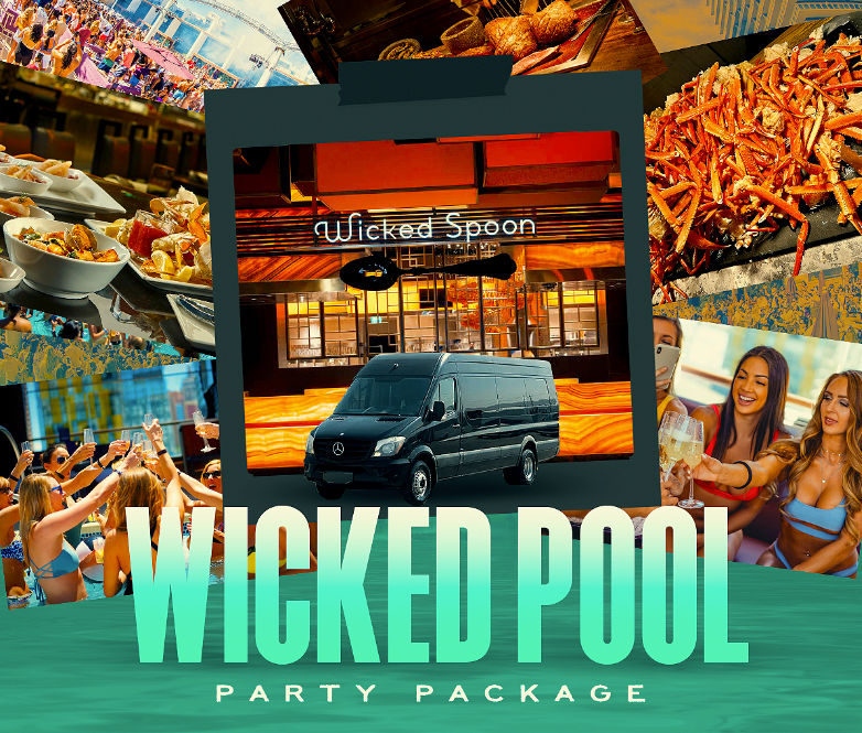 Promotional collage for a pool party package featuring a restaurant entrance with a neon spoon sign, a black shuttle van, seafood platters and crab legs, and groups of people toasting and partying by a sunny pool.