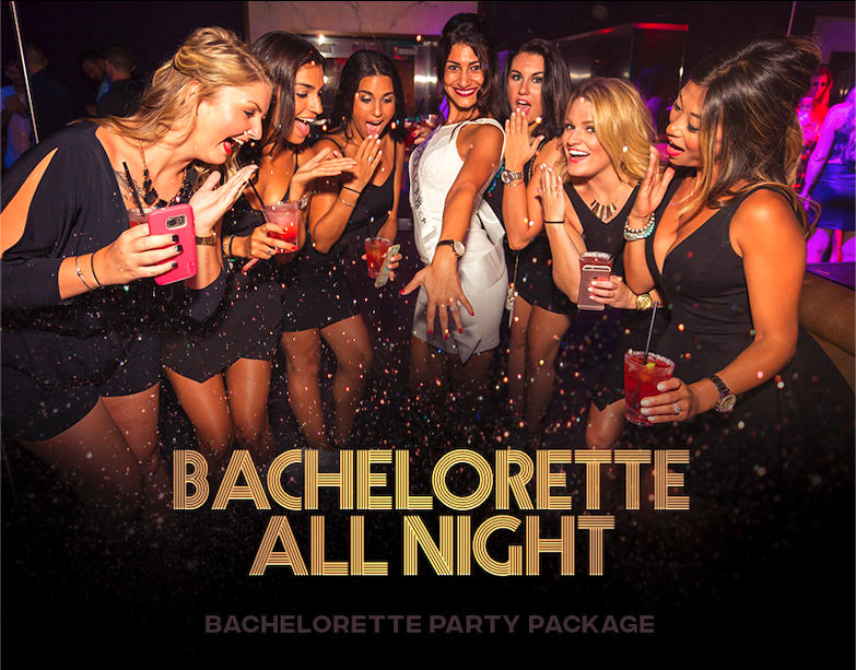 Bachelorette party in a nightclub: bride-to-be showing her ring while a group of women cheer with cocktails and confetti, energetic girls' night out and nightlife celebration.