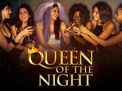 Bachelorette party poster: bride-to-be in veil laughing with friends, raising cocktails under gold "Queen of the Night" title and crown — lively girls' night out celebration