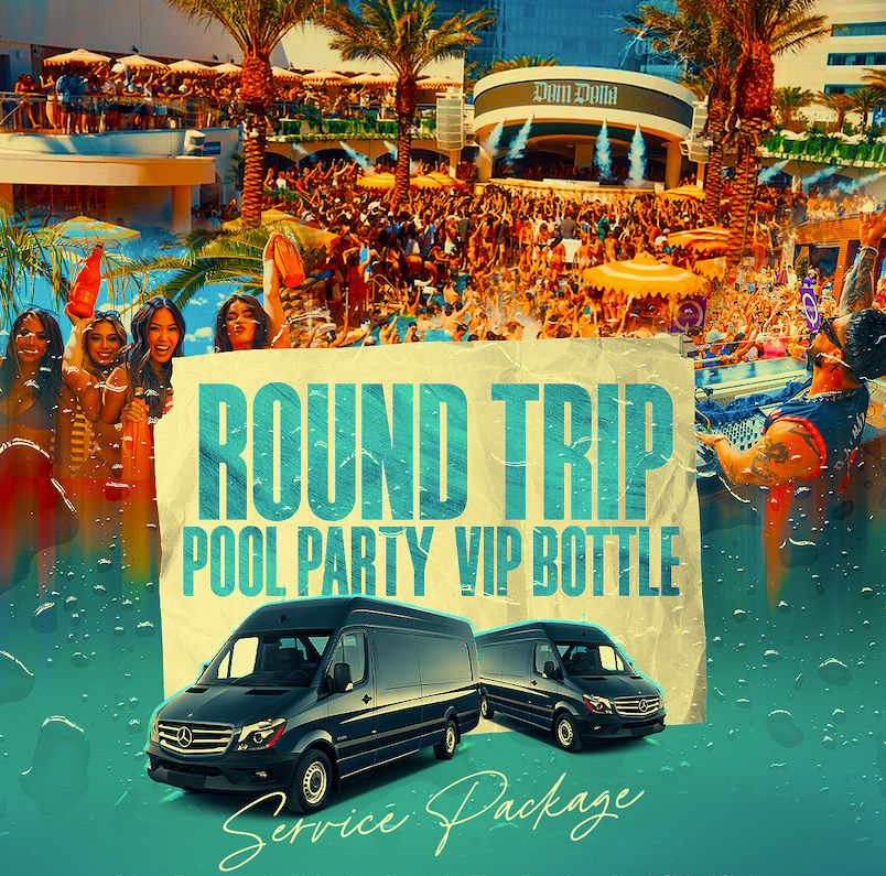 Sun-soaked dayclub pool party with palm trees, DJ and a cheering crowd, women waving VIP bottles, and two black shuttle vans in the foreground promoting round-trip pool party VIP bottle service package.