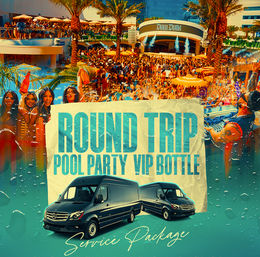 Sun-soaked dayclub pool party with palm trees, DJ and a cheering crowd, women waving VIP bottles, and two black shuttle vans in the foreground promoting round-trip pool party VIP bottle service package.