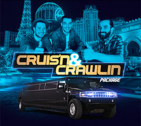 Three smiling men giving thumbs up in front of a neon-lit Las Vegas-style skyline, a black stretch Hummer limo in the foreground and bold promotional text reading 'Cruis'n & Crawlin Package'.