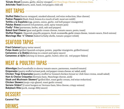 VIP menu poster of Spanish-style tapas and drinks: chilled tapas (apple Manchego salad, tomato bread), hot tapas (patatas bravas, stuffed dates, padrón peppers), seafood (fried calamari, pulpo), meat & poultry (albondigas, empanadas), caramel flan and sangria — small plates for sharing.
