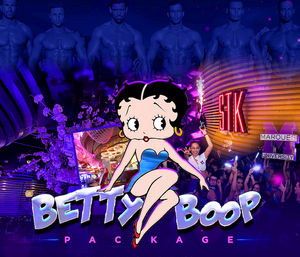Playful Betty Boop in a blue dress centered over a neon-lit nightclub collage with shirtless dancers, cheering crowd, purple florals and bold “Betty Boop Package” text.