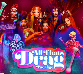 Vibrant drag show poster collage of glamorous drag performers in bold makeup and costumes with neon colors, disco accents and a prominent "All That Drag Package" title