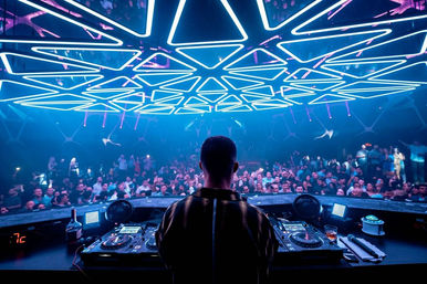 DJ booth view overlooking a packed nightclub dance floor with turntables, a lively crowd and a futuristic blue neon geometric LED ceiling lighting the room