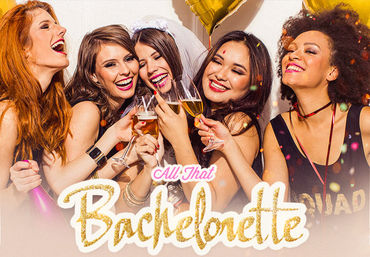 Friends toasting champagne at an indoor bachelorette party, bride-to-be wearing a veil with gold balloons, confetti and joyful celebration