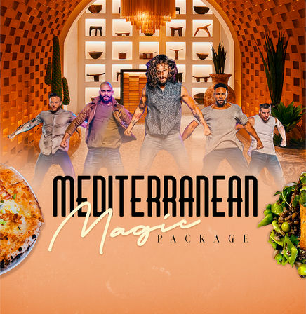 Five dancers performing in front of a terracotta Mediterranean-style arch and lit display shelves, with overlay text “Mediterranean Magic Package,” a pizza slice on the left and a Mediterranean salad with olives on the right.