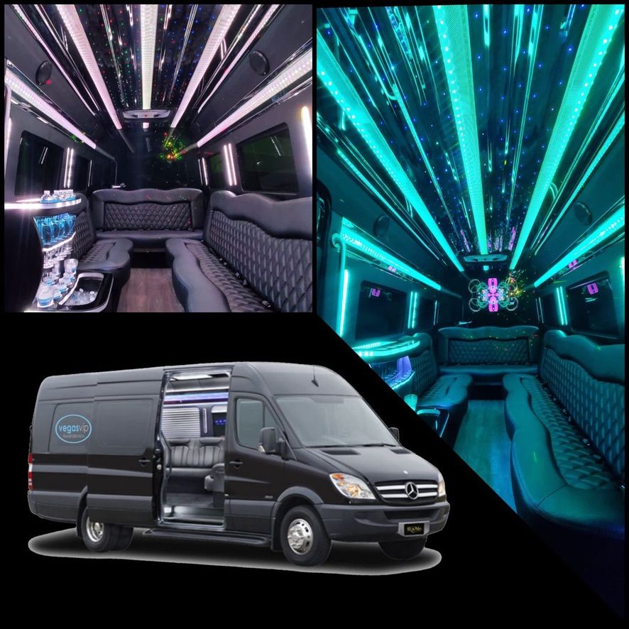 Black Mercedes Sprinter luxury party van with open side door, plush quilted leather wraparound seating, illuminated mini bar with bottle holders, and vibrant turquoise LED starry ceiling lighting — interior party shuttle vibe.