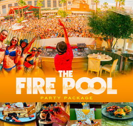Promotional collage for a resort pool party package: sunny dayclub scene with a DJ facing a huge cheering crowd, bikini-clad friends posing by the pool, shaded cabanas and a dining area, plus brunch plates and cocktails.