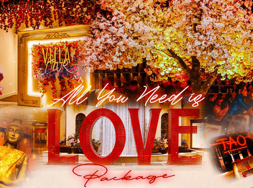 Vibrant romantic luxury resort event scene featuring giant red “LOVE” letters and “All You Need is” script in front of a fountain, glowing cherry blossom tree, floral wall, golden Buddha statue and warmly lit dining guests