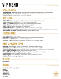 Stylish VIP tapas menu in black and gold on white, listing chilled tapas, hot tapas, seafood tapas, meat & poultry tapas, dessert (caramel flan) and drinks like sangria, mojitos, house wine and domestic beer.