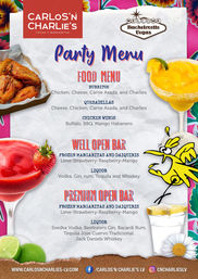 Colorful Las Vegas bachelorette party menu poster featuring frozen margaritas and daiquiris, a margarita glass, strawberry daiquiri, chicken wings, burritos, quesadillas and open bar listings with tropical artwork.