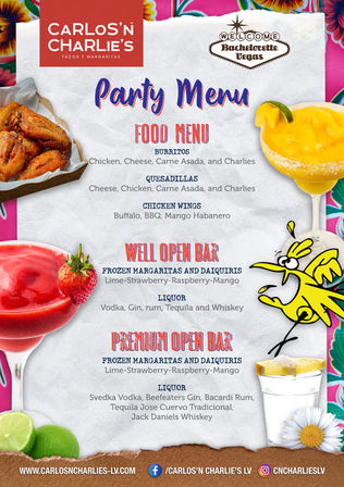 Colorful Las Vegas bachelorette party menu poster featuring frozen margaritas and daiquiris, a margarita glass, strawberry daiquiri, chicken wings, burritos, quesadillas and open bar listings with tropical artwork.