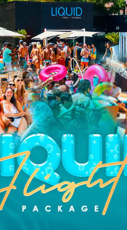 Colorful summer outdoor pool party at a busy pool lounge with crowds in swimsuits, people in the water on inflatable rings, umbrellas and deck chairs, women spraying champagne, lively atmosphere and a promotional "Flight Package" overlay with small brunch-style food images.