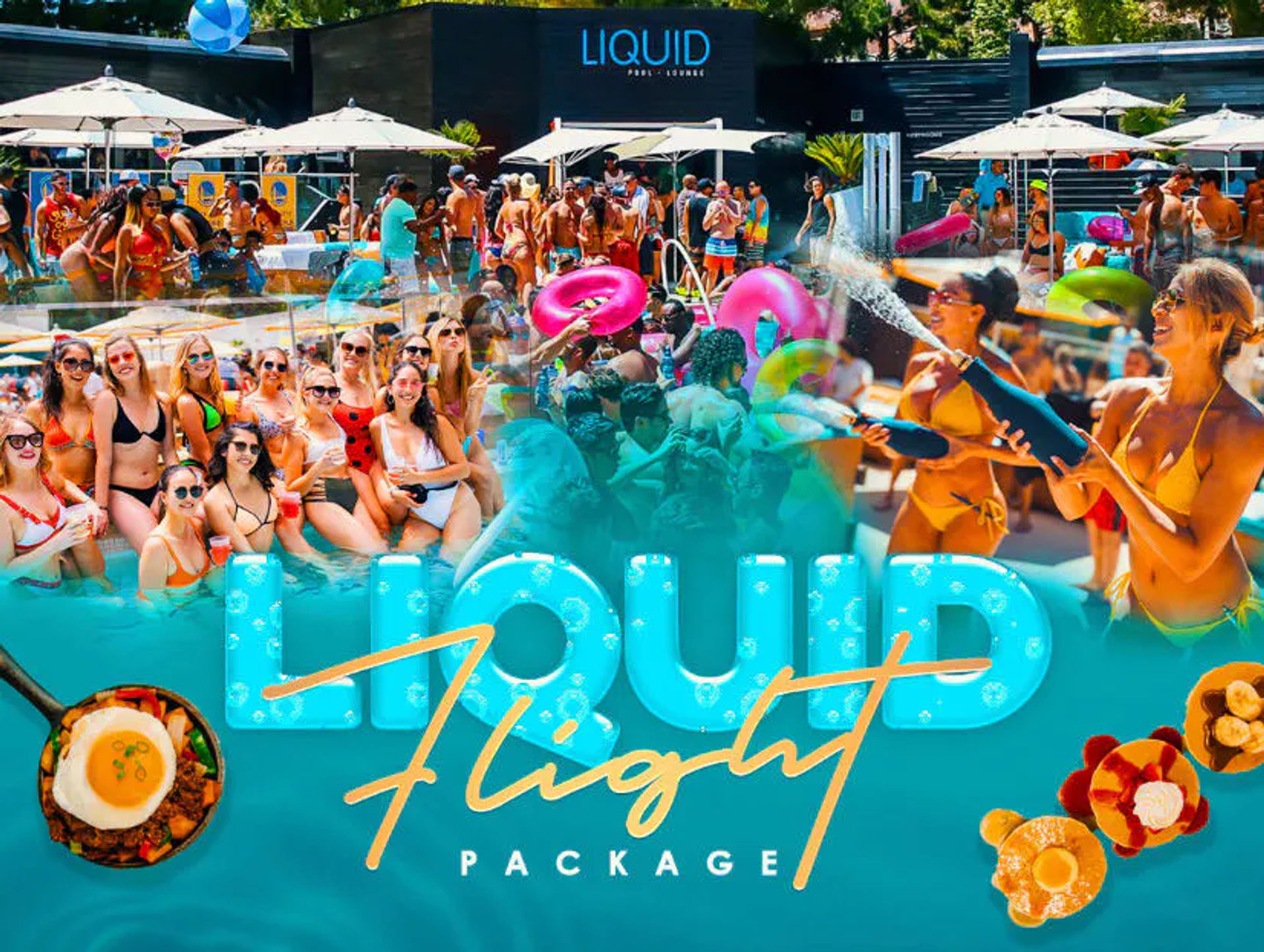 Colorful summer outdoor pool party at a busy pool lounge with crowds in swimsuits, people in the water on inflatable rings, umbrellas and deck chairs, women spraying champagne, lively atmosphere and a promotional "Flight Package" overlay with small brunch-style food images.
