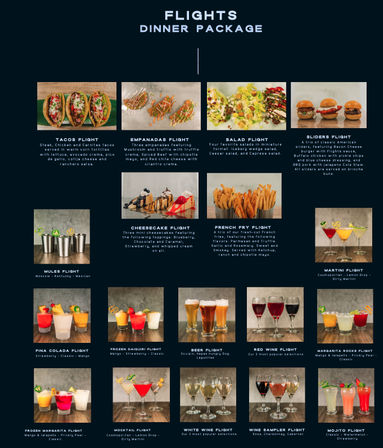Restaurant poster titled “Flights Dinner Package” with photos and descriptions of tasting flights — tacos, empanadas, salad, sliders, cheesecake and french fry flights — plus rows of cocktail, beer and wine flight photos for a drink tasting menu.