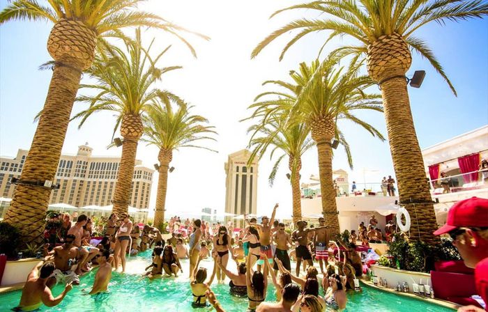 Vibrant daytime pool party in Las Vegas with crowds in swimwear, palm trees framing a turquoise pool and high-rise hotels under a bright sun