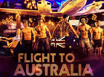 Vibrant poster of six shirtless male dancers in a nightclub under a suspended airplane, holding an Australian flag beneath glowing chandeliers with bold text reading “Flight to Australia”.
