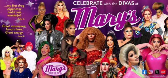 Vibrant Dallas drag show poster collage of a dozen diverse drag performers in colorful costumes and glam makeup against a purple starry background, conveying a lively, sassy entertainment vibe.
