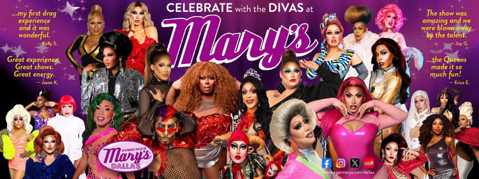 Vibrant purple poster for a Dallas drag show featuring a crowd of drag performers in glittery costumes, bold makeup, theatrical poses, starbursts, fan quotes, and social media icons.
