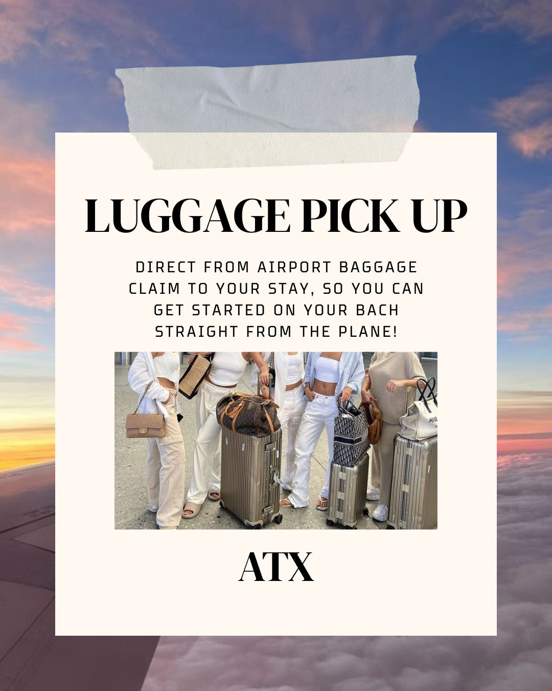 Promotional poster showing travelers with rolling suitcases and bags, advertising airport-to-stay luggage pick-up service from baggage claim to accommodations in ATX (Austin).