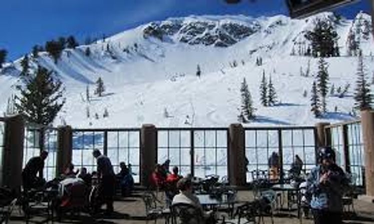 Sunlit ski-lodge terrace with tables and people seated inside large windows, overlooking snow-covered alpine slopes dotted with evergreen trees and skiers under a clear blue sky.