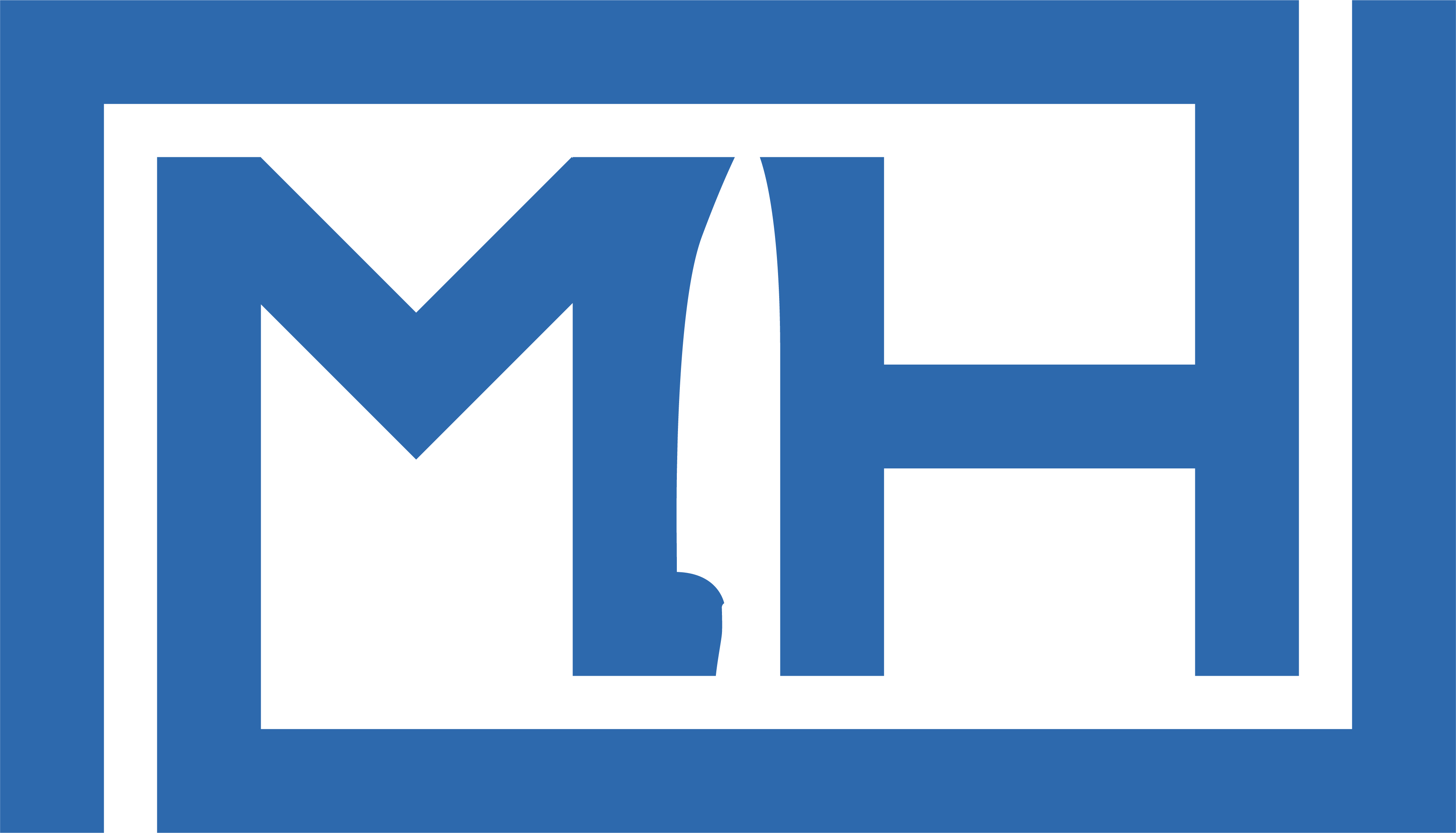Bold blue geometric "MH" logo inside a matching rectangular frame on a black background — modern branding icon.