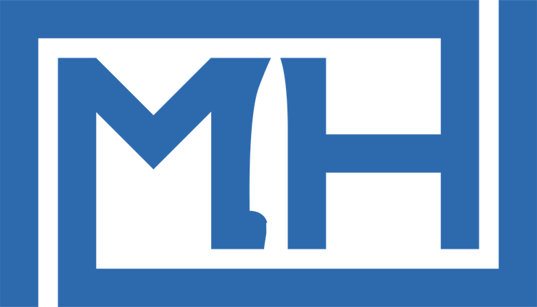 Bold blue-and-black monogram logo showing stylized 'M' and 'H' inside a rectangular frame — modern, minimalist brand mark.
