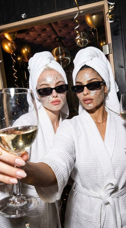 Two women in white spa robes and towel turbans wearing glitter face masks and black sunglasses, toasting white wine amid gold balloons, disco ball and confetti for a playful spa-party vibe.