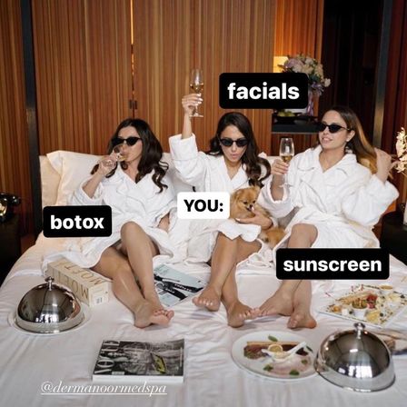 Three people in white spa robes and sunglasses lounging on a hotel bed, toasting with champagne; stickers read “botox,” “facials,” and “sunscreen” with a central “you” holding a small dog, surrounded by room‑service plates and a magazine — playful spa day pamper scene.