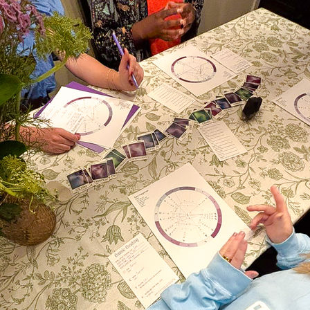 Overhead shot of a cozy astrology session at a floral-covered table — hands filling out circular natal charts, a line of colorful oracle cards, a dark crystal and a vase of flowers.