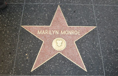Pink terrazzo Hollywood Walk of Fame star set into black speckled sidewalk, featuring a film camera emblem and an engraved celebrity name plate.