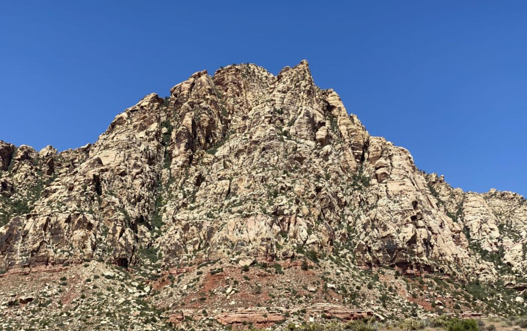 Towering red-and-white sandstone cliffs rising from desert scrub under a clear blue sky
