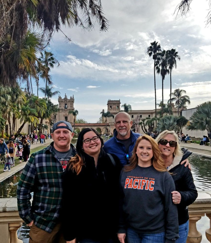 Cheerful group of five adults smiling by a reflecting pool with Spanish-style buildings and tall palm trees at Balboa Park, San Diego on a partly cloudy day