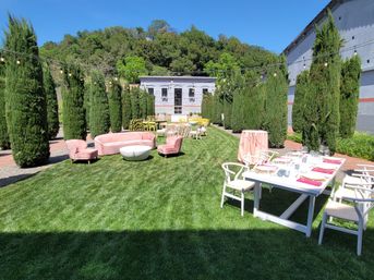 Sunny outdoor courtyard event setup on a manicured lawn flanked by tall cypress trees, pink velvet lounge seating, white dining table with place settings and string lights overhead.