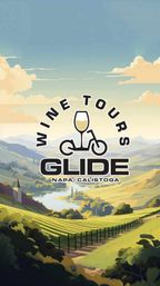 Stylized Napa/Calistoga wine-country poster: rolling vineyard hills and river with a playful wine-glass-on-scooter logo and arched "wine tours" text.
