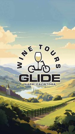 Stylized Napa/Calistoga wine-country poster: rolling vineyard hills and river with a playful wine-glass-on-scooter logo and arched "wine tours" text.