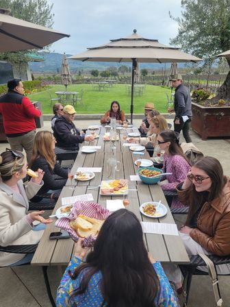 Group dining al fresco at a vineyard patio — long outdoor table with charcuterie, bread, salads and rosé glasses under large umbrellas, rolling vine-covered hills in the background