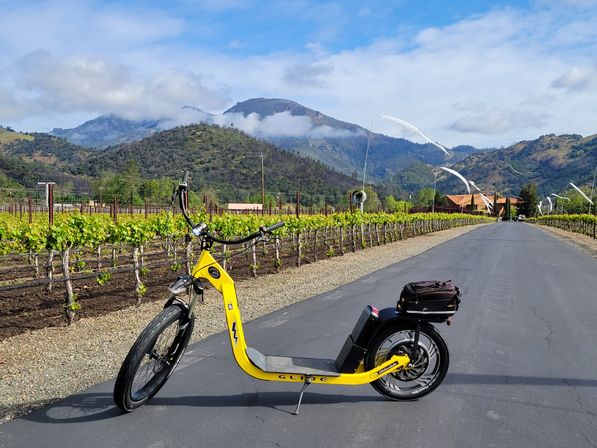 Yellow electric scooter parked on a paved country road through green vineyard rows with misty mountains and a blue sky.