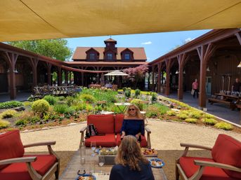 Sunny outdoor courtyard with barn-style wooden pavilion, landscaped flower garden, red-cushioned patio seating and people enjoying casual al fresco dining under a shade sail.