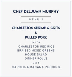 Elegant navy-on-white menu card labeled "Menu 2" featuring Charleston shrimp & grits and pulled pork with Charleston red rice, braised mixed greens, house salad, dinner rolls, and Carolina banana pudding.