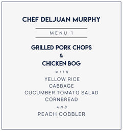 Minimalist menu board listing Southern-style comfort food: grilled pork chops & chicken bog with yellow rice, cabbage, cucumber-tomato salad, cornbread and peach cobbler on a clean white background.